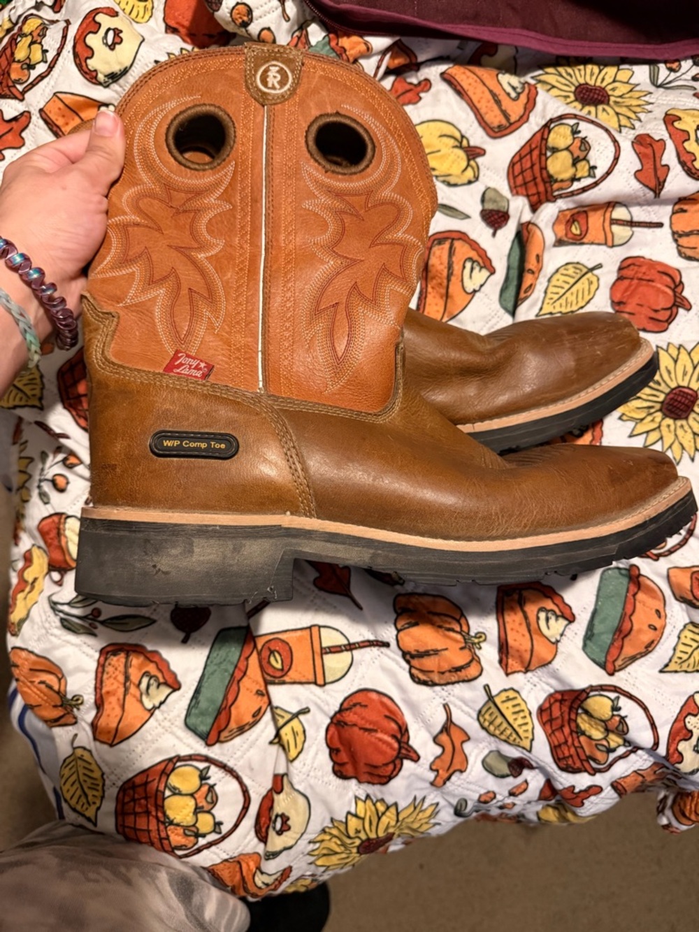 Tony llama Tan/Brown Pull-On Work Cowboy Boots with Reinforced Toe